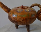 Brown gourd teapot using three gourds, canteen gourd body, painted & pressed flowers, acrylic paint