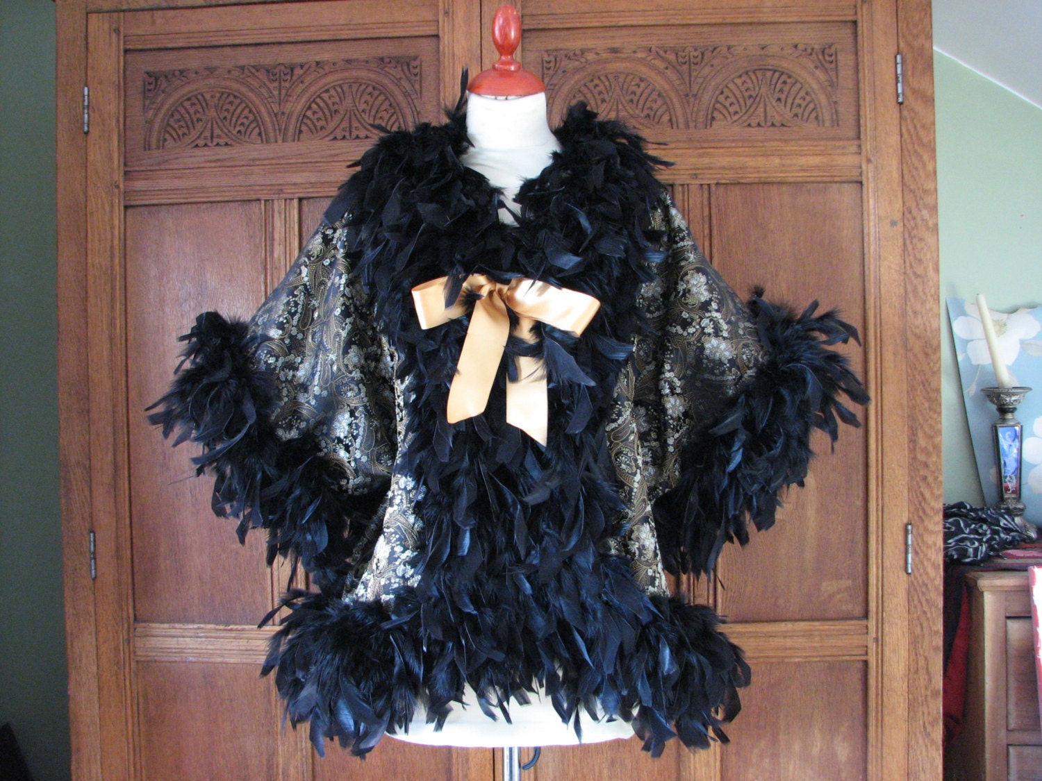 Handmade 1920's Style Chinese Brocade and Feather Boa Dressing Gown