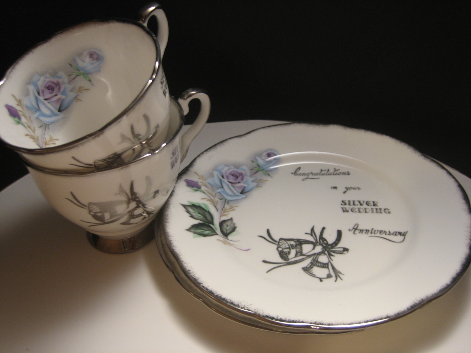 Vintage English Silver Wedding Anniversary, Royal Stafford Bone China "Honeymoon Rose" Cups & Plates