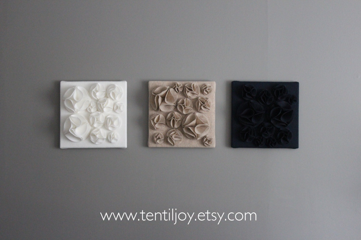 Three Wall Art Canvases, Navy, Brown and White 3D 12x12 Wall Hangings, Felt Wall Art, Nursery Art, Wall Flower Art, Wall Decor, Home Decor