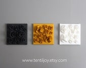 Three Wall Art Canvases, Mustard Yellow, Charcoal Gray and White Felt 3D 12x12" Wall Hangings, Wall Decor, Nursery Art, Baby Room Art