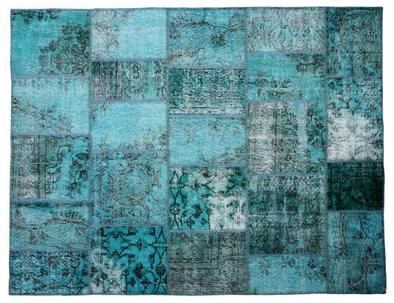 Turquoise Over Dyed Patchwork Rug 91.3 x 68.9 inch ( 232 x 175 cm) Handmade from rectangular tiles of Vintage Turkish Rugs-1011PW0308