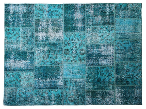 Turquoise Over Dyed Patchwork Rug 91.3 x 67.3 inch ( 232 x 171 cm) Handmade from rectangular tiles of Vintage Turkish Rugs-1011PW0307