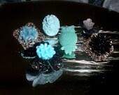 Gray Green Black set of 6 bobby pins hair accessories lot flower cabochons silver filigree base aqua owl blue