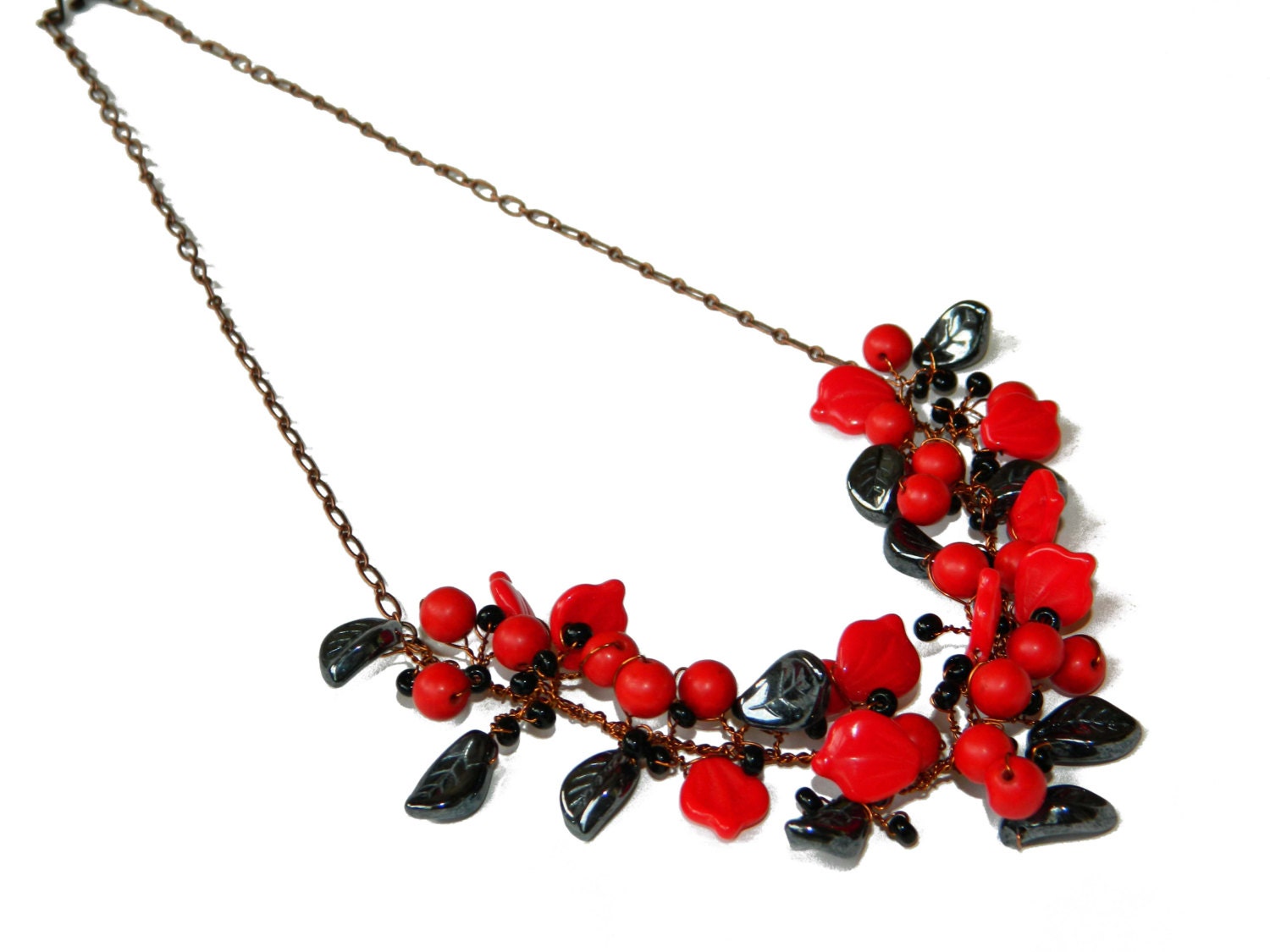 Red Black Bridal Necklace - Bib Necklace - Vintage Style Jewelry Wedding with glass leaves copper wire berries and pearls cascades