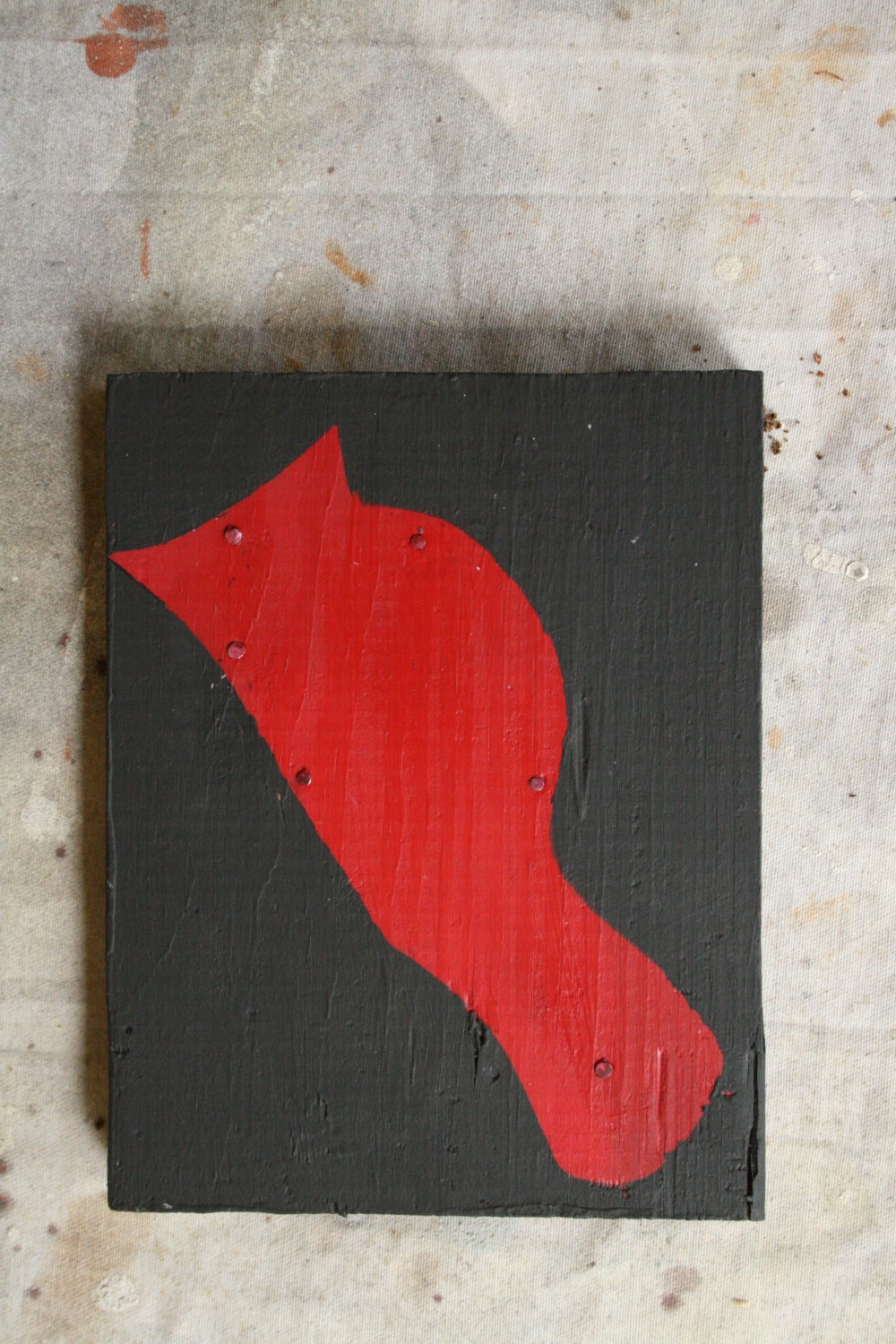Cardinal "Silhouette, Reclaimed Art, Bird, Wood Canvas, Recycled, Red Bird, Mixed Media"