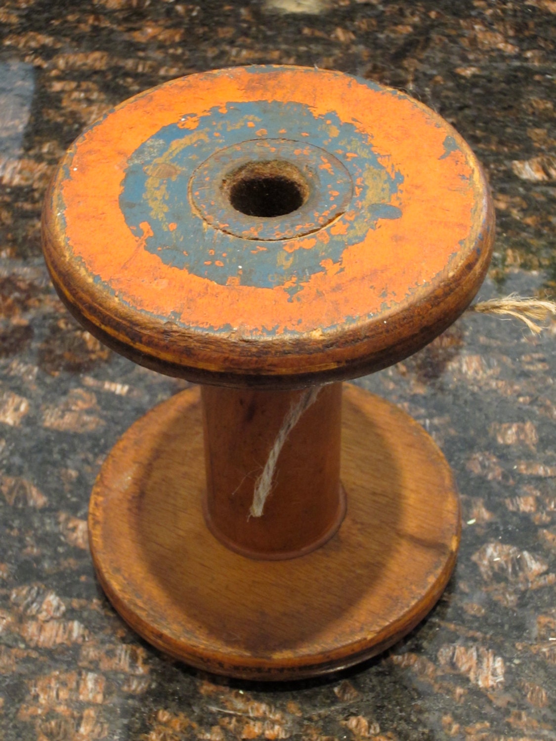Vintage blue and orange wooden factory spool. Architectural Candleholder Primitive Antique Industrial