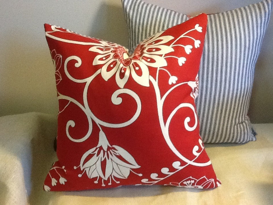 Pair of Farmhouse French Provincial, New Vintage Red Flower covers with Navy Ticking Reverse, Pillow Covers.
