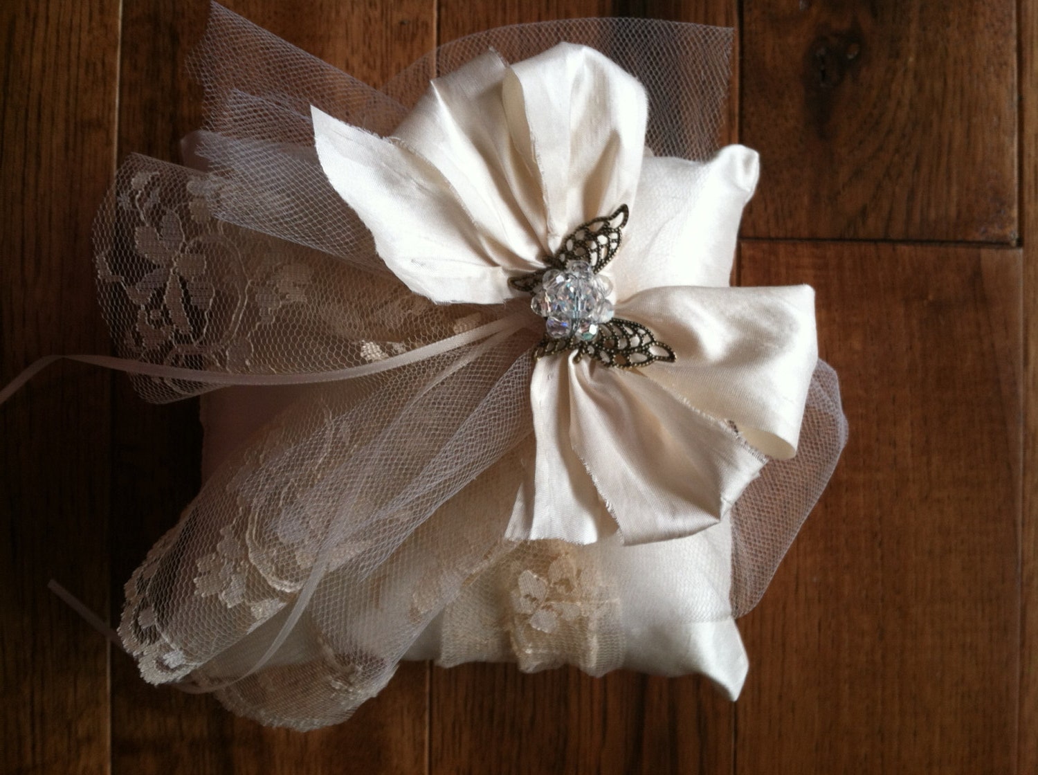 Ivory Silk Dupioni Ringbearer Butterfly Pillow wrapped in Chantilly Lace  Wedding Pillow Ringbearer Pillow