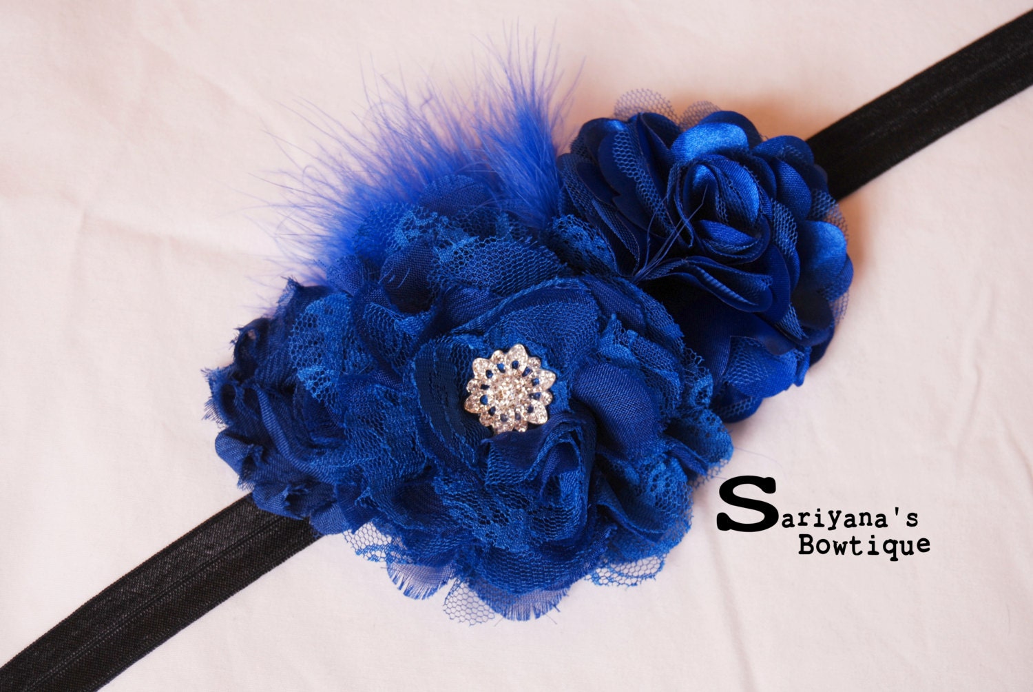 Royal Blue Flower Feather Rhinestone Headband - Baby Toddler Girl Woman - Vintage