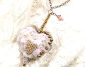 Pink and Gold, Oversized Pendant,  Fabric Heart Pendant, Chic Heart, Unique Jewelry Gift, Puffy, Double Sided,Chic Modern, Textile Fiber Art