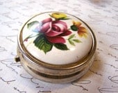 Vintage Flower Painted Porcelain Top Gold Tone Compact Pill Box