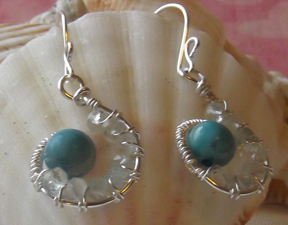 Aquamarine & turquoise wire wrapped dangle earrings March birthstone Nautilus beach earrings Blue and silver Gift for her Beaded jewelry