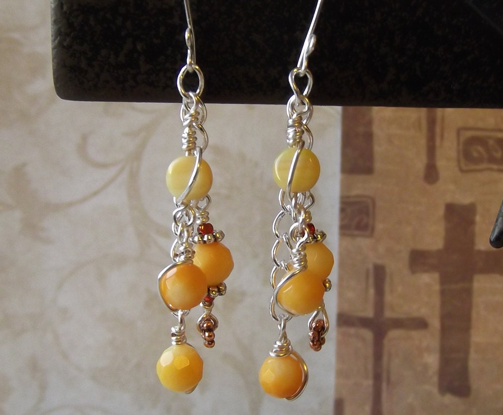 Cascading coral dangle earrings Orange, yellow, & silver wire wrapped earrings Waterfall earrings Simple beaded jewelry Women's gift jewelry