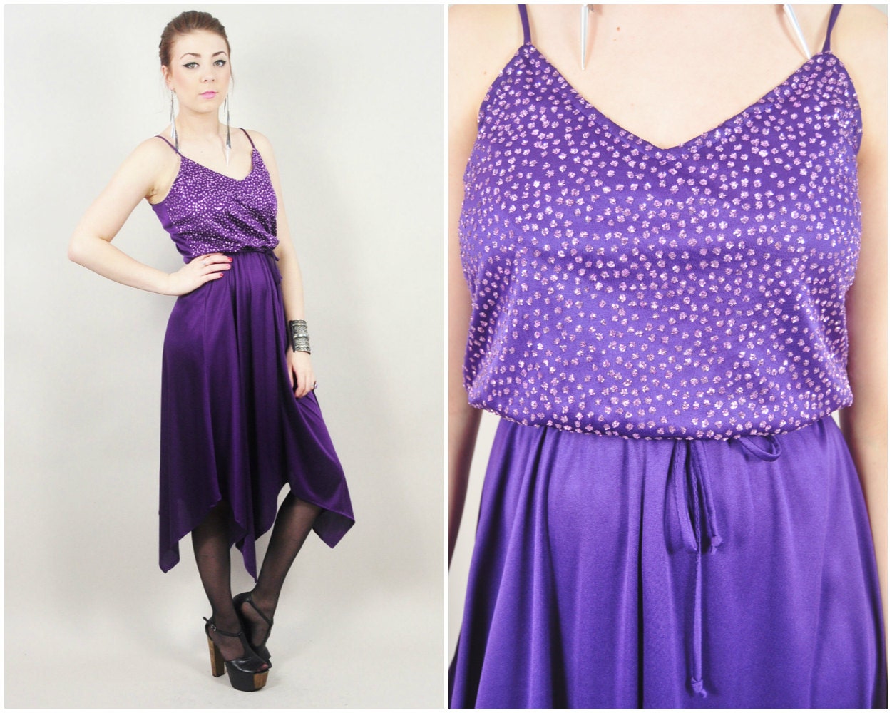 vintage 70s plum purple GLITTER jagged hem disco glam cosmic galaxy party midi dress