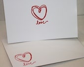 Love Card. Red Heart. Hand Stamped. Blank White Card. Anniversary Card. Engagement Card. Valentine's Day Card. Wedding Card. Set of 6.