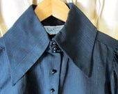 1960's Dramatic, Black, Long Sleeve Button Collar Blouse / Vintage
