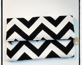 Black & White Chevron Zipper Fold Over- Clutch Case Handbag