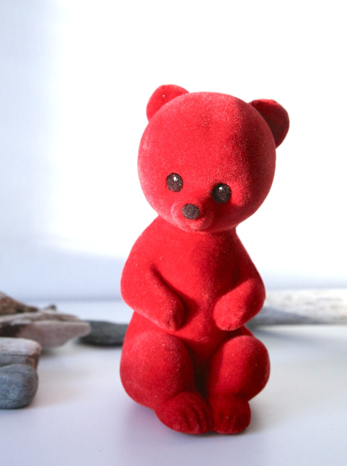 Vintage Flocked Toy Red Russian Bear Misha 1970s - TwoRedSuitcases