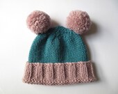 Super Cute Pink and Blue 100% Wool Hand Knitted Double Pom Pom Bobble Hat