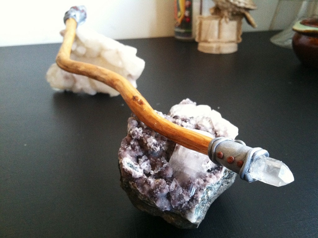 Double Sided Quartz Wand - Pagan, Wiccan, Witches Wand, Natural Wood