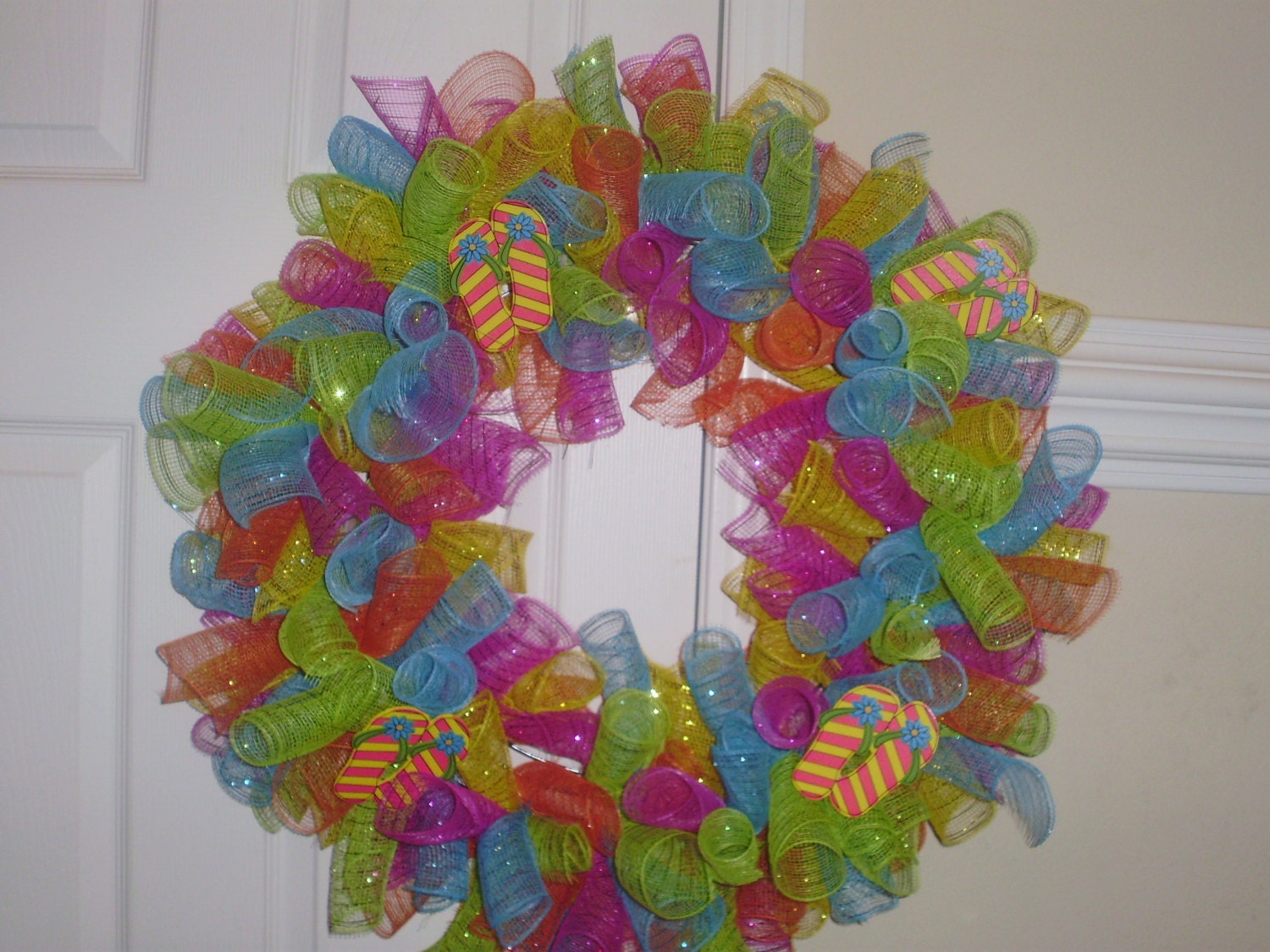 Hot Pink, Turquoise, Yellow, Orange and Lime Green Flip Flop Curly-Q Deco Mesh Wreath