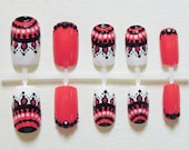 Coral, Black and White Fake Nails with Aztec / Tribal Print, Dots and Black Rhinestones Handpainted False Nail Set