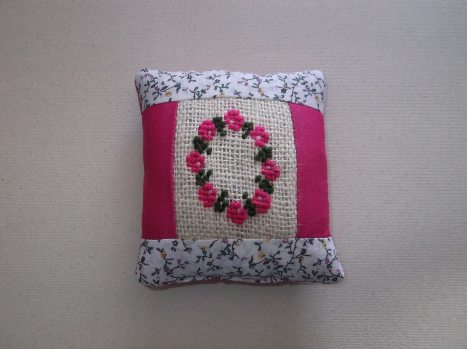 Handmade Pincushion, wreath of flowers design in pink colour