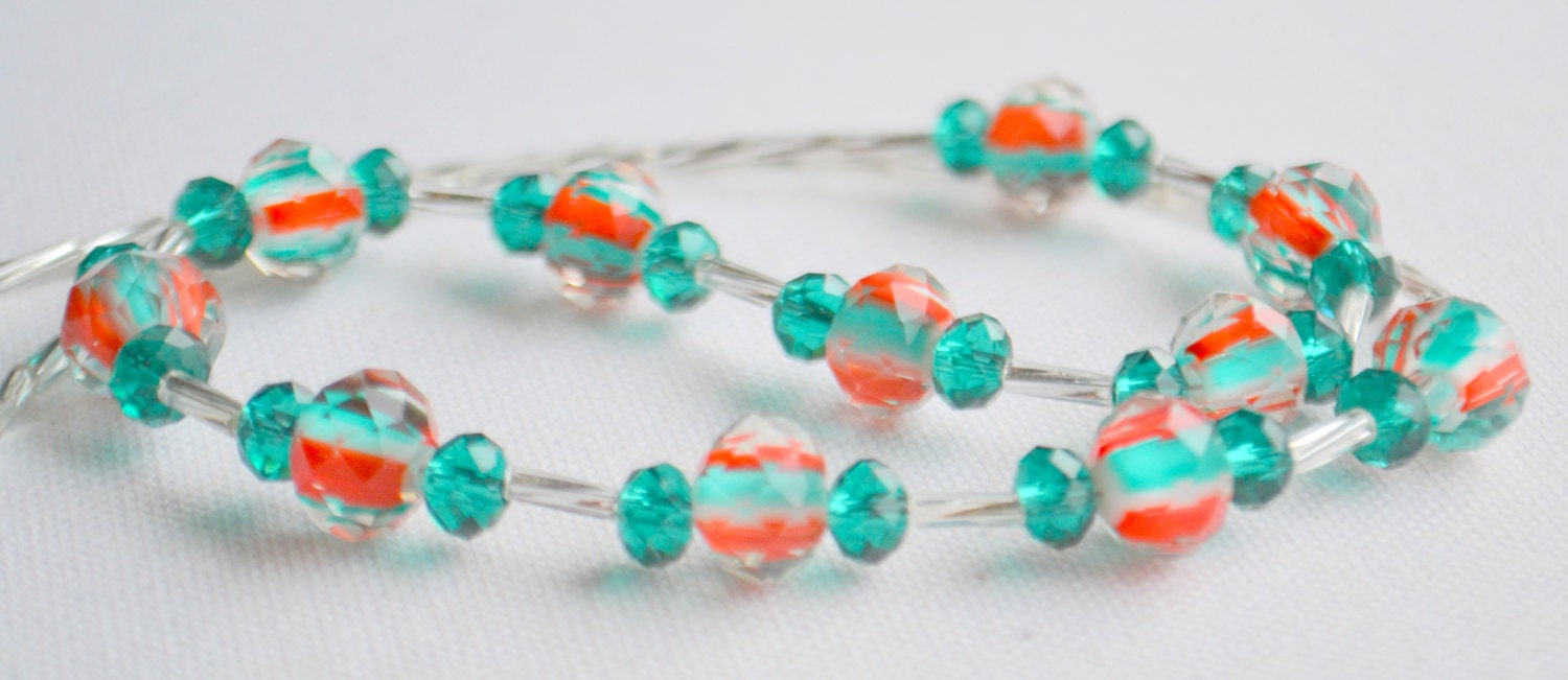 Handmade Bead Necklace, Teal and Coral, Simple Jewelry, Necklace for Women