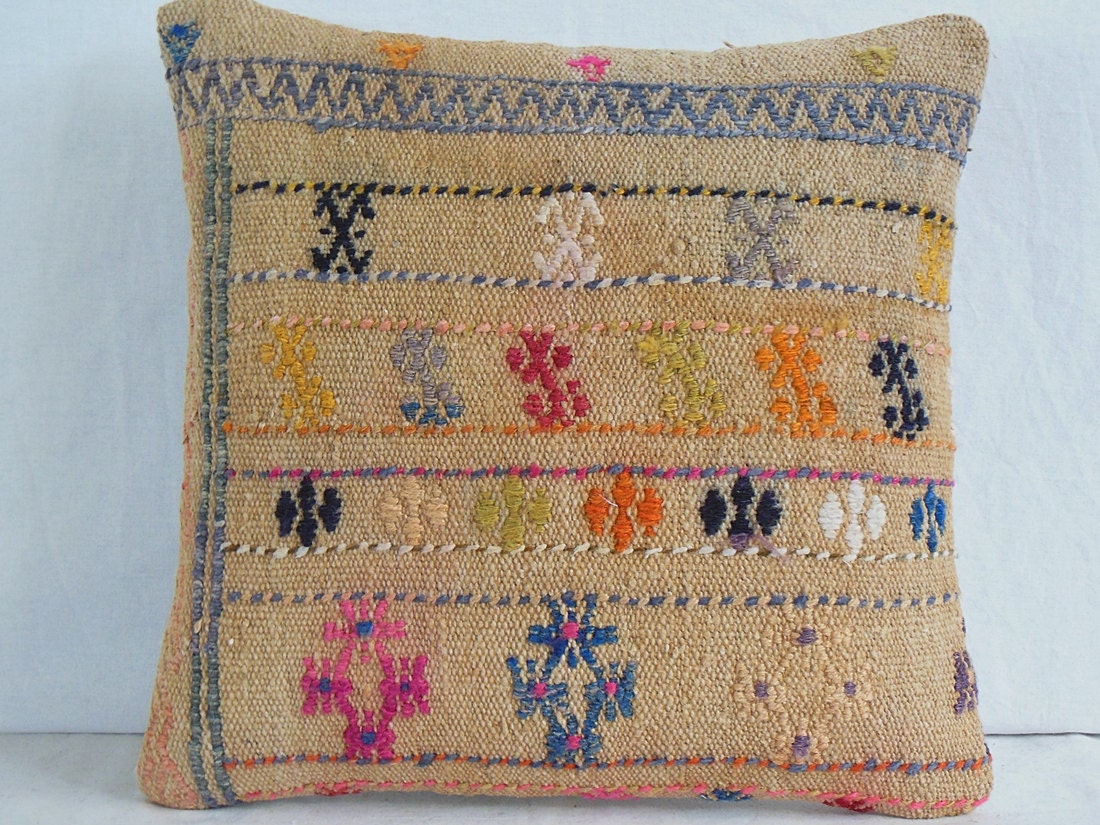 Blue Chevron Hand Embroidery Pillow Turkish Tribal Decorative Pillow Kilim Pillow Cover from Central Anatolia Wool Pillow