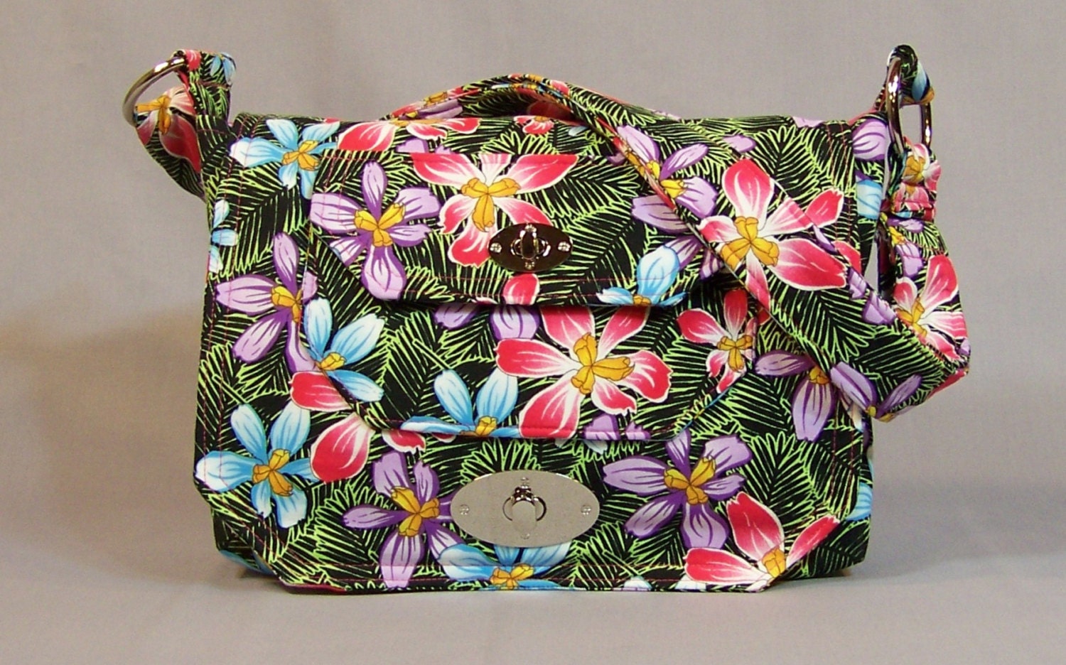 Cross body bag fabric messenger bag purse iPad black pink blue green flowers floral