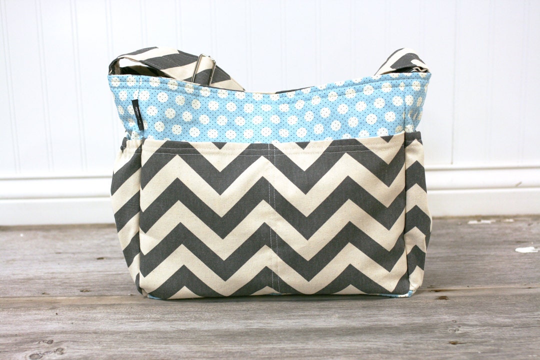 RESERVED for Bonnie / large grey chevron and blue dots baby boy diaper bag