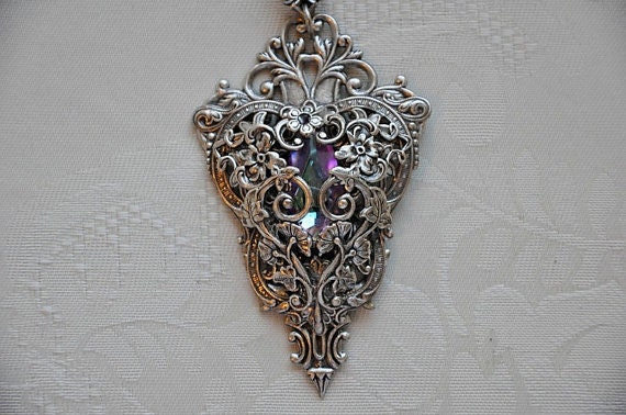 Gothic Victorian Necklace,Swarovski Crystal Vitrail Light Necklace,Antique Silver,Filigree Necklace,Vintage Style Necklace,INNOCENT