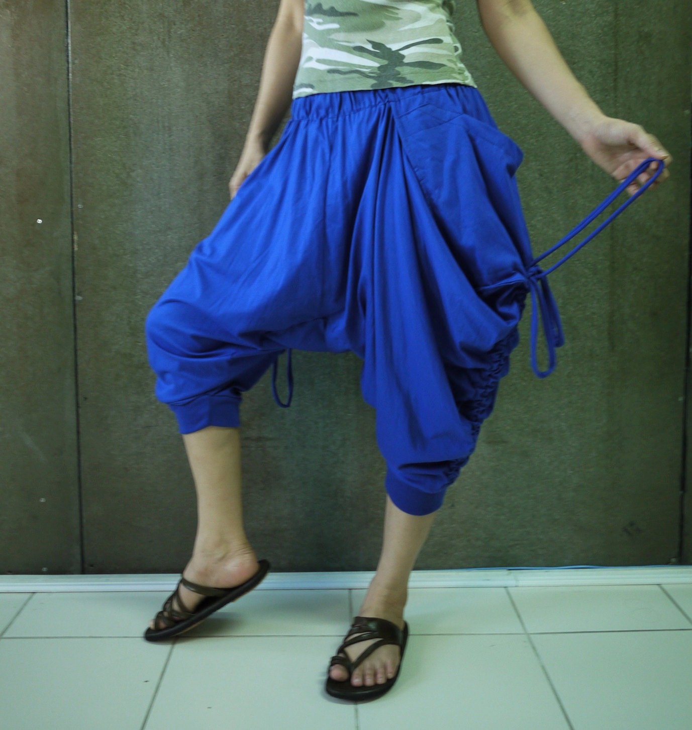 Boho Funky Hippie Ninja Stylish Steampunk Casual Men Women Pants In Cobalt Blue Stretch Cotton - P002