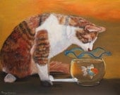Custom Cat Pet Portraits - Original Oil Painting Art - Brown Cat staring at Fish - Size 6" x 8"