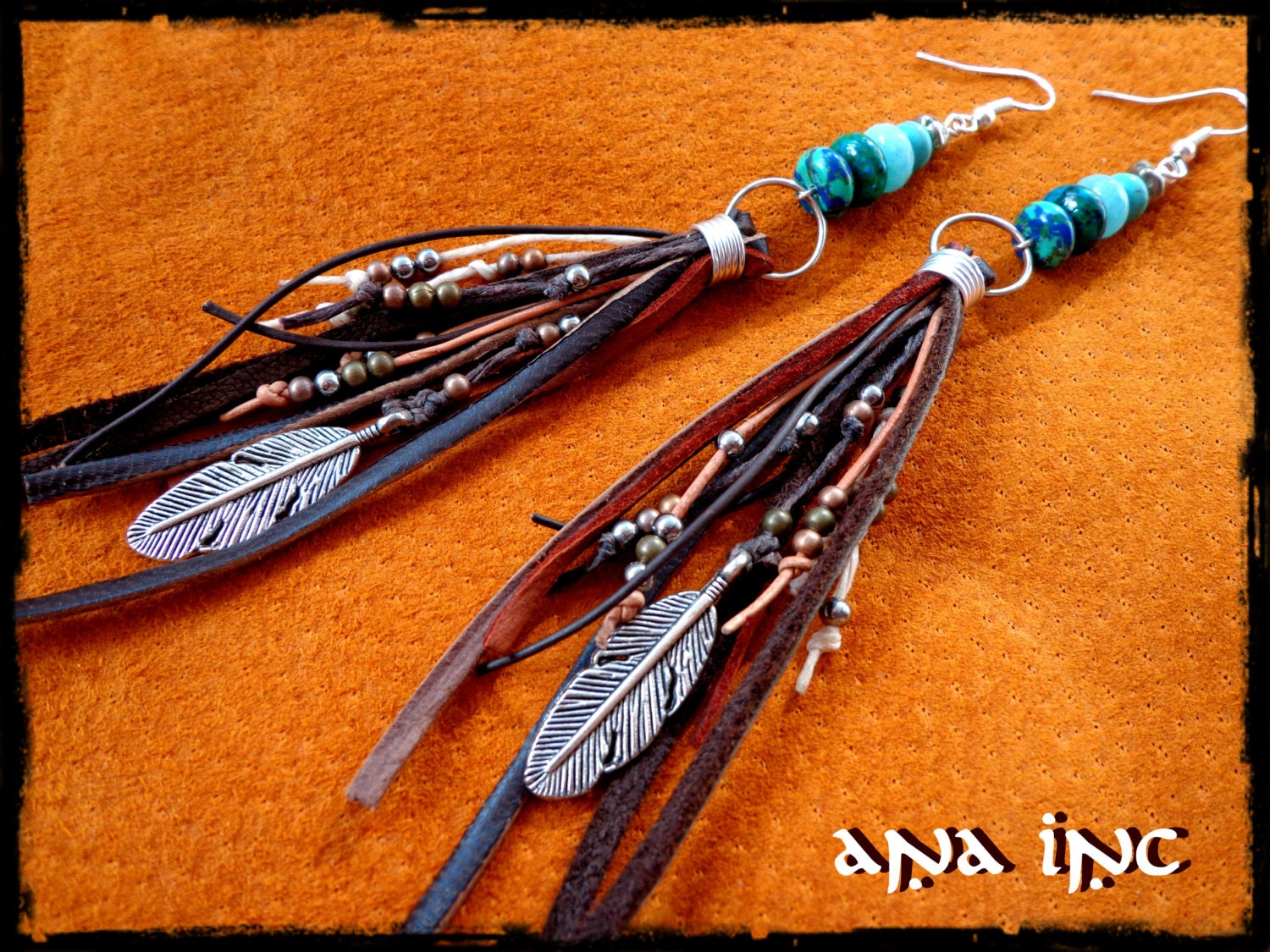 LEATHER dangle EARRINGS Native American Indian Earrings long fringe earrings Bohemian earrings Hippie Earrings feather Gemstones tribal boho
