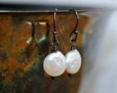 Tiny Coin Freshwater Pearl Earrings, Simple Dangle Earrings, Oxidized Sterling Silver, Darkened Black, White Pearls, Sweet, Everyday Fashion