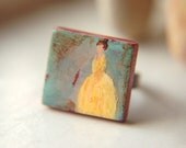 Lady From Colonial Period Hand Painted Adjustable Wood Tile Ring - Lady in Yellow.