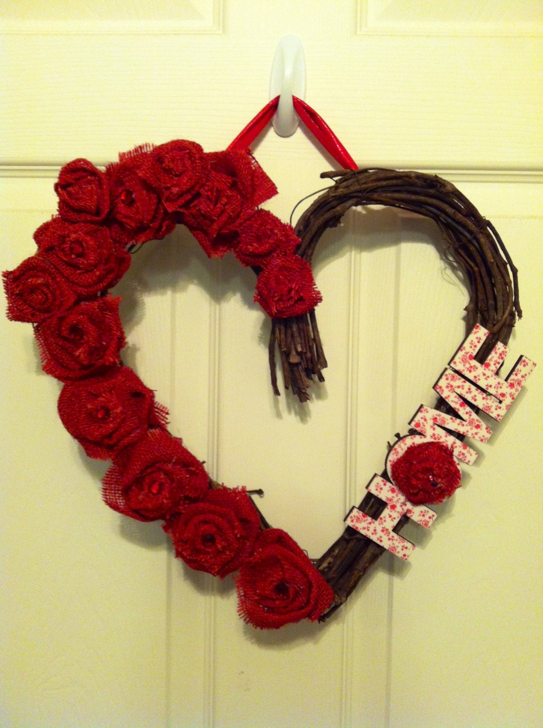 SALE Valentine Heart wreath heart with Red Burlap Roses