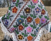 handmade hippie folk art wool  poncho LITTLE FLOWER mexico woven and floral  hand embroidered bohemian ethnic gypsy woodstock flower