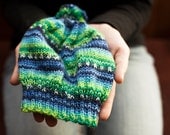 Handknitted Blue and Green Striped Baby Hat (Made to Order) knit boys girls pom pom stripes