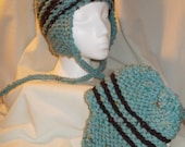 Hand Knitted Ear Flap Hats - blue and brown size large or medium