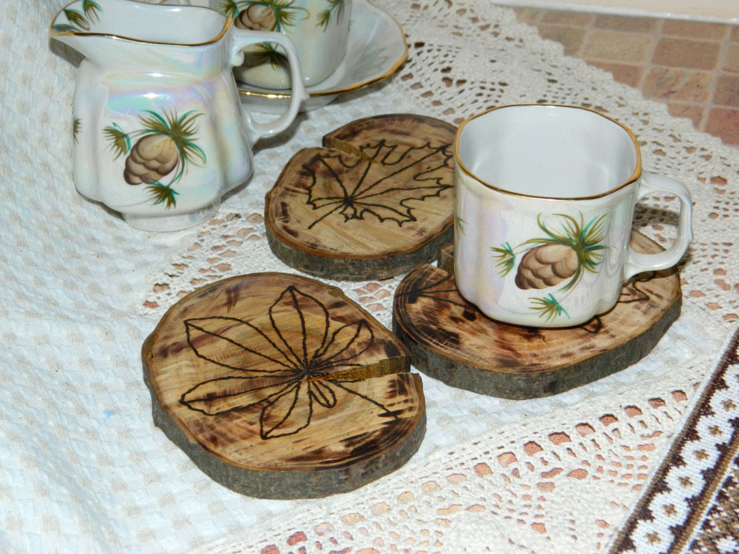 Wood Coasters - Eco Friendly Cherry Rustic Wooden Home Decor - pyrography circle ring - Driftwood - handmade - woodburned - eco friendly