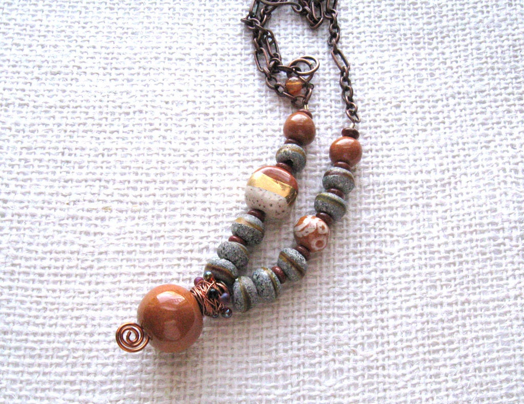 Kazuri Beads, Fair-trade, African, Tribal, Kalahari desert colors, handmade beaded bead, antique copper chain