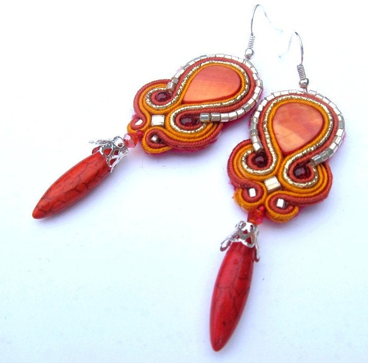 Sale -30% Red Soutache Earrings Gift Orange Howlite with Beads Soutache Braid Toho Beads Glamour and Shiny Style Colorful Soutache Jewelry