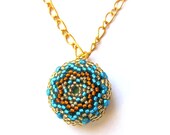Turquoise Beaded Pendant Gold Beading  Necklace with Toho Beads Brown Blue Glass Gift Classic Elegant Stylish