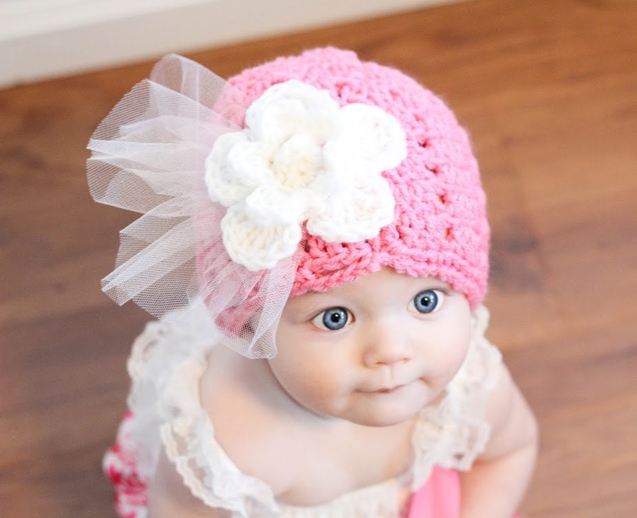 Pretty in Pink Shell Stitch hat with white rose and dainty tulle rose Hat  Sizes preemie, newborn,0-3 month, 3-6 month,6-12 month, 1-3 yr