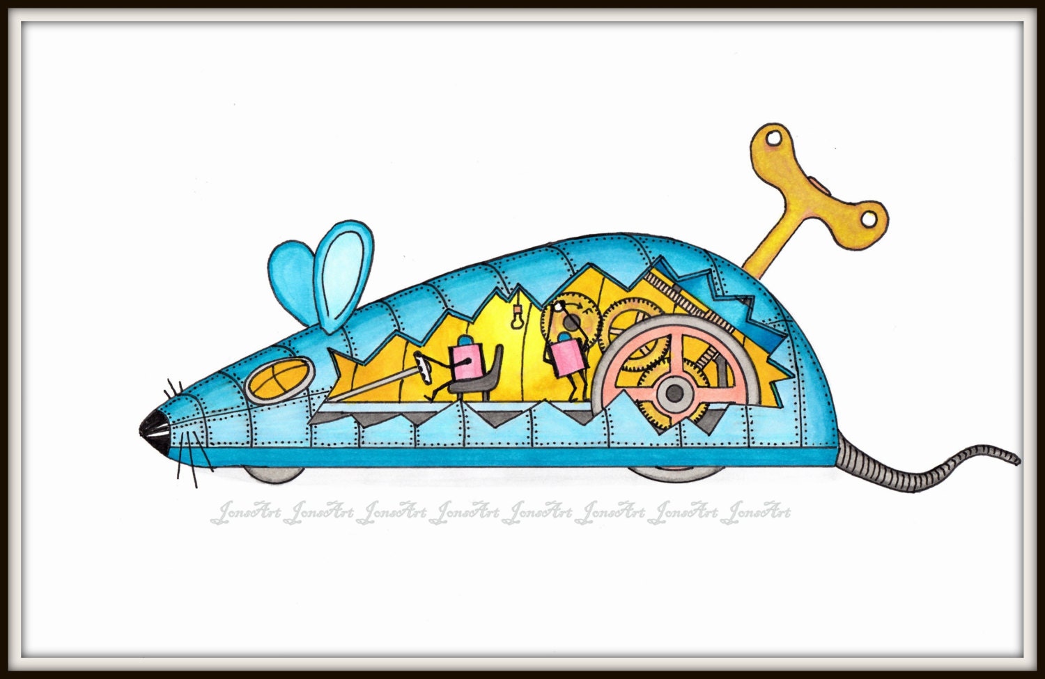 Blockhead Driven Mechanical Mouse, Kids Bedroom, Play Room, Home Decor, Copic, Mouse, Steampunk, Yellow, Blue, 8 x 10 Print.