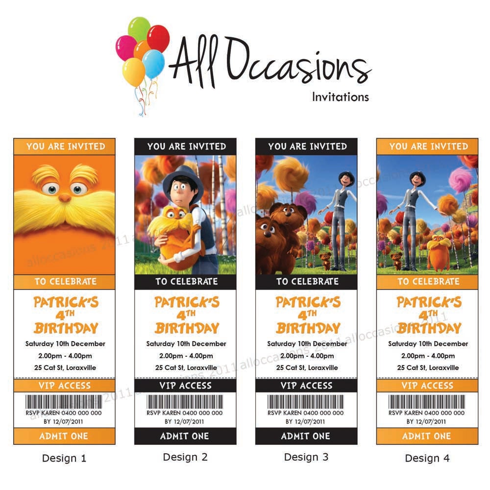 Personalised Custom The Lorax Birthday Ticket Invitations/Invites - DIY Printable Digital File