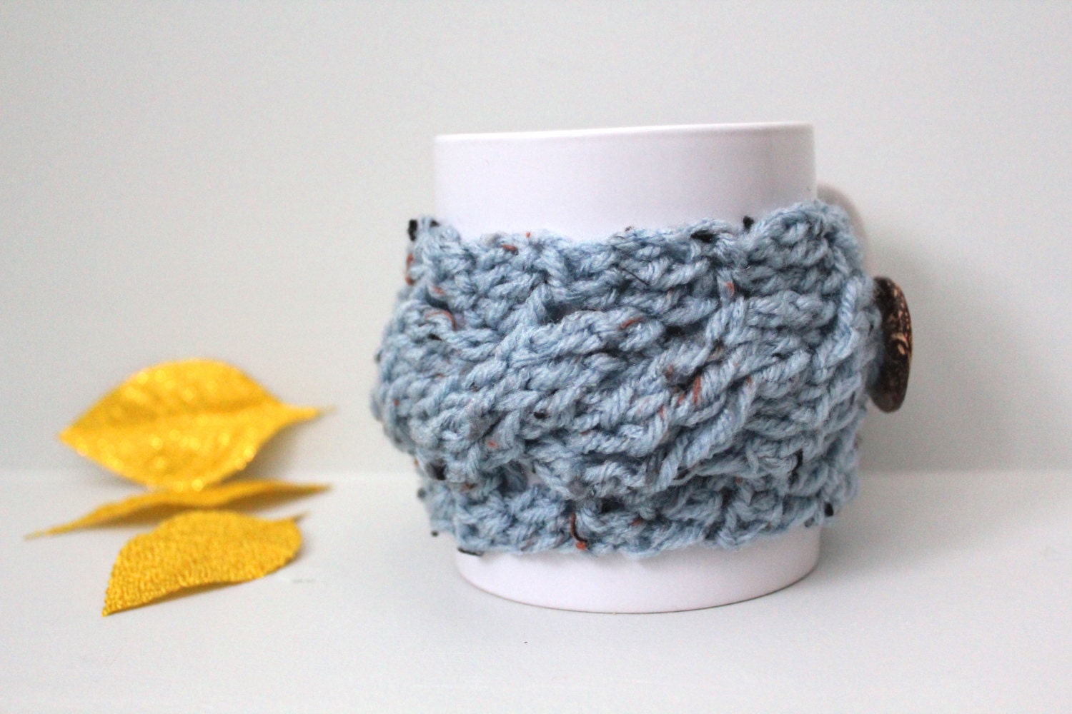 Coffee mug cozy, tea cup cozy, blue tea cozy, coconut buttons, coffee sleeve, mug cozy, cup cosy, tea cup wrapper, crochet tea cozy, cables